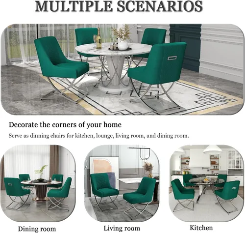 Vista 4 de Juego de 2 sillas de cocina y comedor, de terciopelo tapizado moderno, sillas de metal copetudas contemporáneas con patas plateadas en forma de X