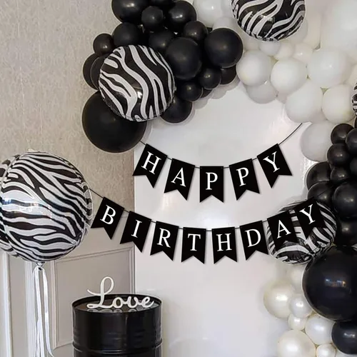 Vista 6 de Hooqict Cartel de feliz cumpleaños negro para telón de fondo, decoraciones de cumpleaños negras para hombres y mujeres, suministros de fiesta