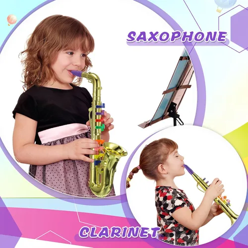 Vista 4 de Treela Juego de 4 instrumentos musicales para niños, clarinete de juguete saxofón, trompeta y trompeta para principiantes con más de 10 teclas