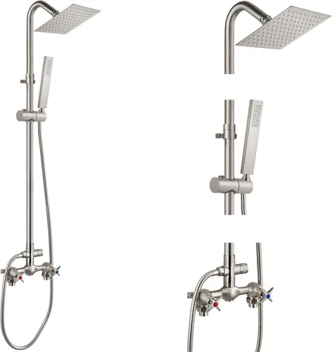 Vista 13 de Aolemi Kit de ducha para exteriores de montaje en pared, sistema de grifo de ducha para exteriores con rociador de mano, ducha expuesta central de 6