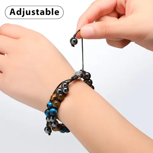 Vista 3 de 2 pulseras de cuentas de roca de lava, pulsera de triple protección, pulsera de hematita, obsidiana negra, ojo de tigre, pulsera de cuentas