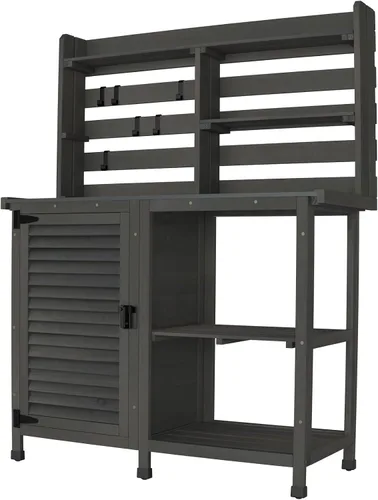 Vista 9 de GDLF Mesa de banco para macetas, banco de trabajo grande para jardín, al aire libre, estación de trabajo de mesa de metal con estante de gabinete