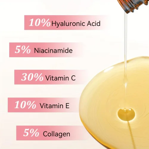 Vista 3 de Suero de vitamina C 5 en 1 para cara con 30% VC, ácido hialurónico y niacinamida, suero facial iluminador, hidratante y antioxidante para una piel