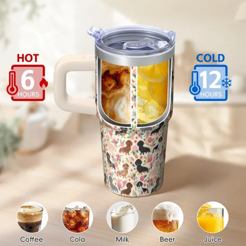 Vista 6 de Dachshund - Vaso de viaje aislado de acero inoxidable de 20 onzas con asa y pajilla, regalo para mujer, para el Día de la Madre, a prueba de fugas