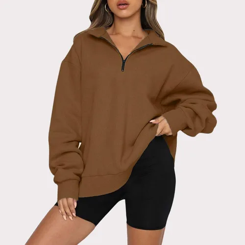 Vista 2 de Sudadera de gran tamaño para mujer, suéter de manga larga, liso, con cierre de un cuarto de cremallera, para adolescentes, niñas, Navidad, otoño