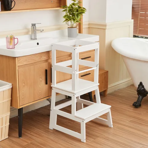 Vista 4 de Taburete de cocina para niños con riel de seguridad, construcción de madera maciza taburete de aprendizaje para niños pequeños, taburete Montessori