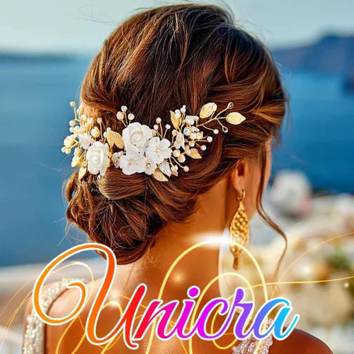 Vista 4 de Unicra Flor novia pelo vid perla pieza de pelo nupcial hoja accesorios para el pelo diadema de diamantes de imitación para mujeres y niñas (dorado)