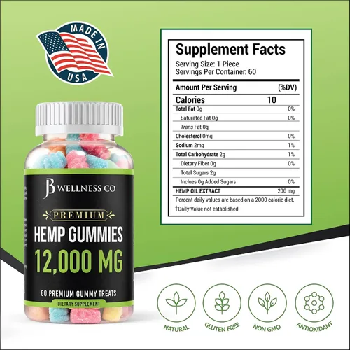 Vista 2 de JB Wellness Co Paquete de 2 – Gomitas de cáñamo premium 12,000 – Inflamación – Vitaminas y Omega 3,6,9 – Fabricado en los Estados Unidos