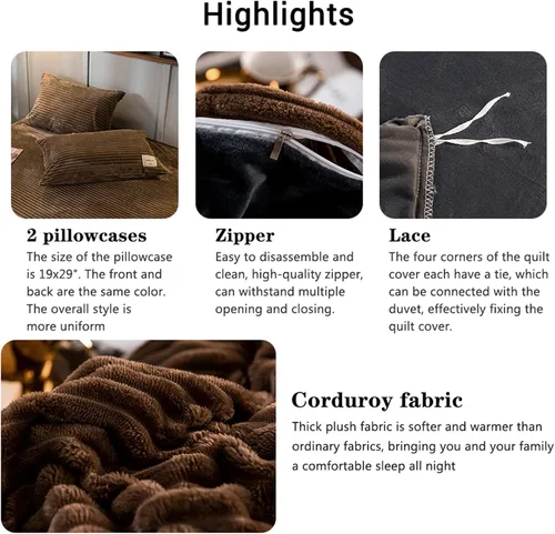 Vista 3 de Juego de ropa de cama Queen de pana, funda de edredón ultrasuave con 2 fundas de almohada, fundas de edredón tamaño matrimonial para cama doble Café