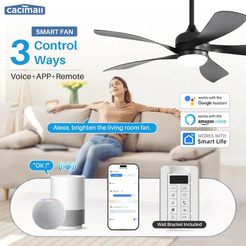 Vista 2 de CACI Mall Ventilador de techo inteligente de 52 pulgadas con luces, control remoto, compatible con Alexa/Google/App, 5 cuchillas, iluminación