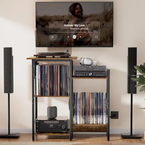 Vista 7 de HYPIGO Soporte para tocadiscos con tomas de corriente, soporte para tocadiscos con almacenamiento de discos de vinilo con capacidad para más de 300
