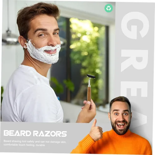 Vista 3 de Mipcase Kit de barba 4pcs afeitadoras manuales cuchillas de acero inoxidable mango de bambú diseño ergonómico