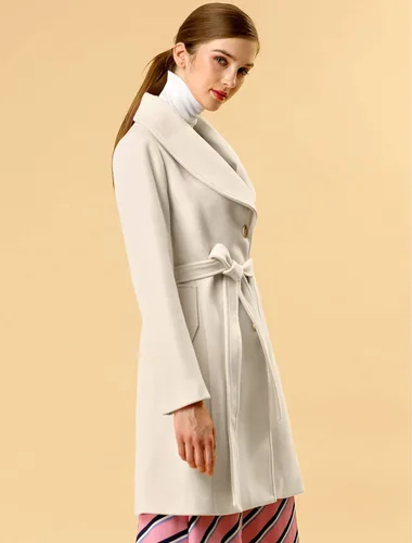 Vista 2 de Allegra K Abrigo largo de invierno con cuello de chal para mujer, Café
