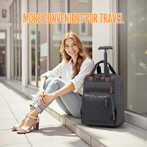 Vista 9 de Mochila con ruedas, mochila de viaje con ruedas, aprobada por vuelo, antirrobo, para laptop de 15.7 pulgadas, con puerto USB para hombres y mujeres