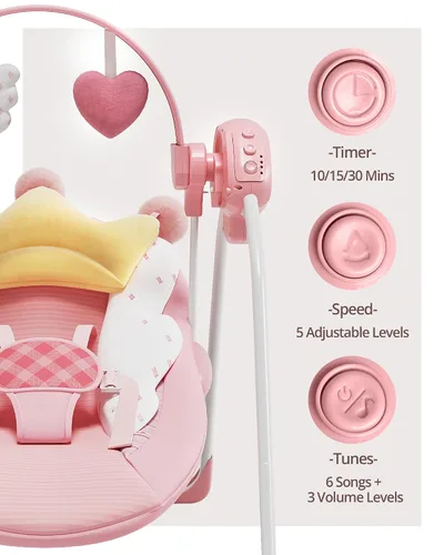 Vista 7 de Columpios de bebé para bebés, columpio para recién nacido, columpio portátil para bebés con música, velocidad adaptable, temporizador, cojín suave
