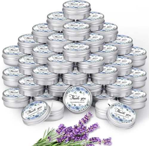 Vista 8 de MTLEE 50 piezas de velas de boda azules florales, regalos de favores para invitados, 1 oz de cera de soja con aroma a lavanda, velas aromáticas