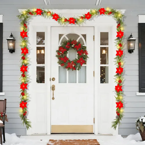 Vista 9 de DR.DUDU Guirnalda de Navidad artificial preiluminada de 9 pies con 30 luces LED, alimentada por baterías con conos de pino, bayas rojas, agujas