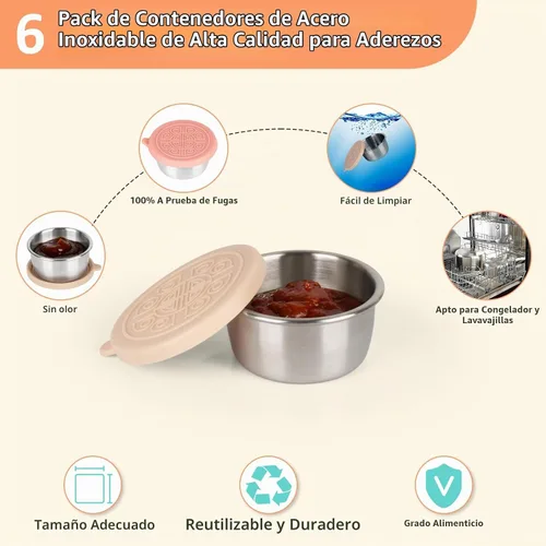 Vista 3 de 3 tazas de aderezo para ensalada de acero inoxidable de 1.6 onzas con tapa de silicona a prueba de fugas, recipiente de salsa reutilizable, caja