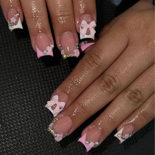 Vista 38 de Uñas postizas cortas cuadradas MABKJLF, uñas francesas falsas con gradiente, uñas de cobertura completa, flores blancas, uñas falsas con diseños