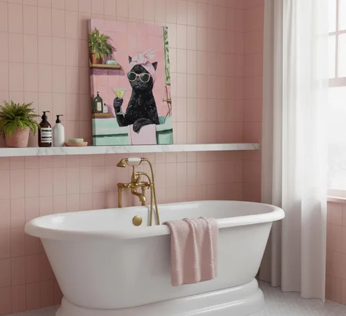 Vista 6 de Divertido lienzo de baño negro con diseño de gato negro para pared, póster de lindo gato en la bañera, pintura de animales caprichosos, imagen