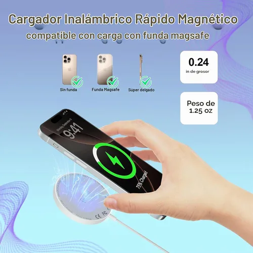 Vista 6 de Cargador MagSafe para iPhone, cargador inalámbrico magnético de 15 W, almohadilla de carga rápida de 6 pies, cargador MagSafe de Apple para iPhone