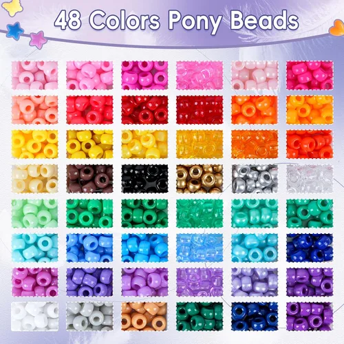 Vista 3 de QUEFE Juego de pulseras de cuentas de poni, 1900 unidades, 48 colores, kit de pulsera de amistad con cuentas Kandi de arco iris, cuentas de letras