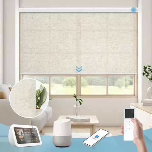 Vista 12 de Persiana enrollable inteligente 100 % opaca, pantalla motorizada compatible con Alexa Google, persiana de control de aplicación para ventana Tela