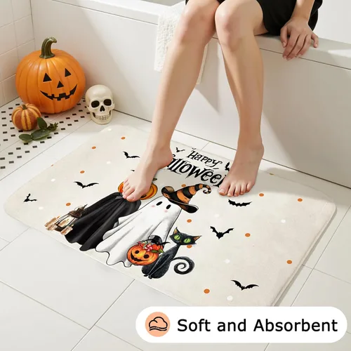 Vista 5 de Mocsicka Juego de cortinas de ducha de Halloween para baño, 4 piezas, fantasma, gato, calabaza, juegos de baño con alfombras antideslizantes