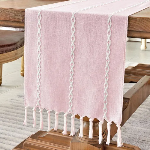Vista 19 de Wracra Camino de mesa de lino rústico estilo granja, camino de mesa bordado de 36 pulgadas de largo con borlas a mano para fiestas, decoración