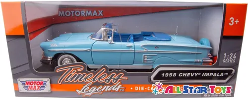 Vista 7 de Chevrolet Impala Convertible 1958, azul - Motormax Premium American 73267 - Modelo de automóvil fundido a presión a escala 1/24, unisex, para niños