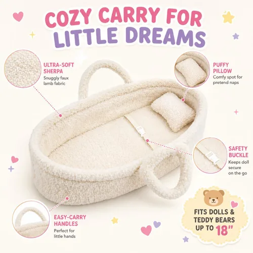 Vista 2 de June Garden Cozy Dream Doll Bassinet - Portador Portátil para Muñecas de Bebé - Se Adapta a Muñecas American Girl o Osos de Peluche de hasta 18