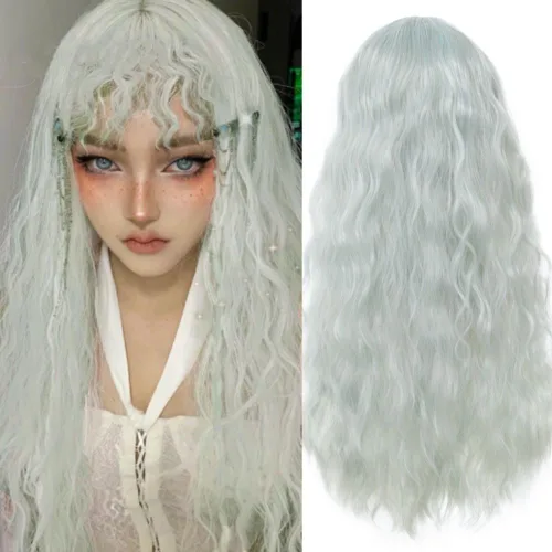 Vista 10 de Peluca rubia corta y rizada para mujer, longitud hasta el hombro, peluca de pelo ondulado con flequillo, resistente al calor, disfraz de cosplay