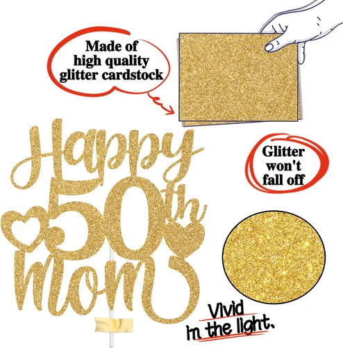 Vista 6 de Decoración para tartas con texto en inglés "Happy 50th Mom", feliz 50 cumpleaños para madre, saludos a 50 años, cumpleaños, aniversario, suministros