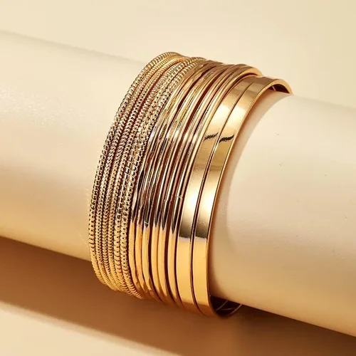Vista 2 de Brazaletes de oro para mujer, brazaletes indios apilables de múltiples capas abiertos, pulseras gruesas de oro bohemio, pulseras indias de cadena