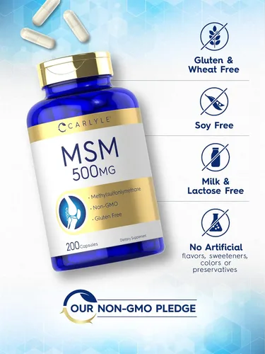 Vista 4 de Carlyle MSM Suplemento Cápsulas 500mg 200 unidades Fórmula sin OMG y sin gluten Metilsulfonilmetano