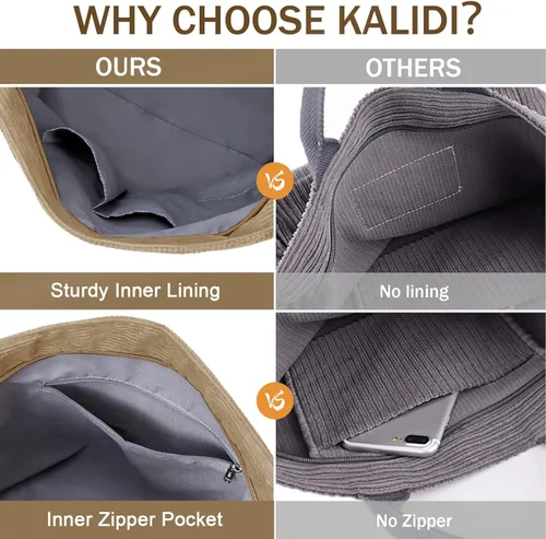 Vista 6 de KALIDI Bolso de mano de pana, bolso de mensajero con cremallera, bolso bandolera estilo hobo casual, para el trabajo, compras, para mujer