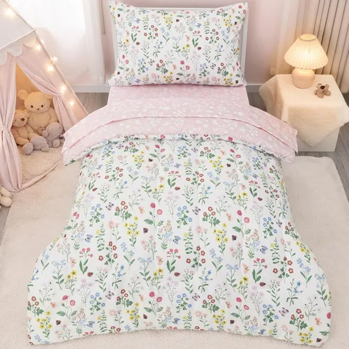Vista 11 de david's kids Juego de ropa de cama de 4 piezas para niños pequeños - Juego de ropa de cama suave y transpirable para niñas, incluye edredón Mariposa