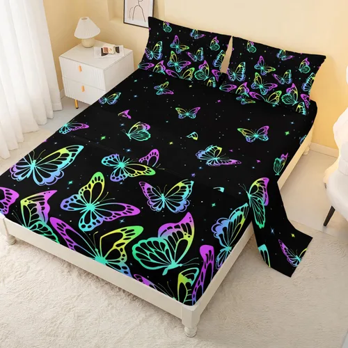Vista 15 de CVHouse Juego de sábanas de mariposa arcoíris tamaño Queen para niñas, niños, adolescentes – Juego de ropa de cama ajustable de 4 piezas B1