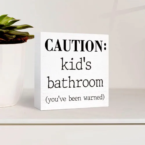Vista 3 de Letrero de madera para baño de niños, divertido letrero de madera de precaución para el baño de niños, estante de baño, estantes de baño, decoración