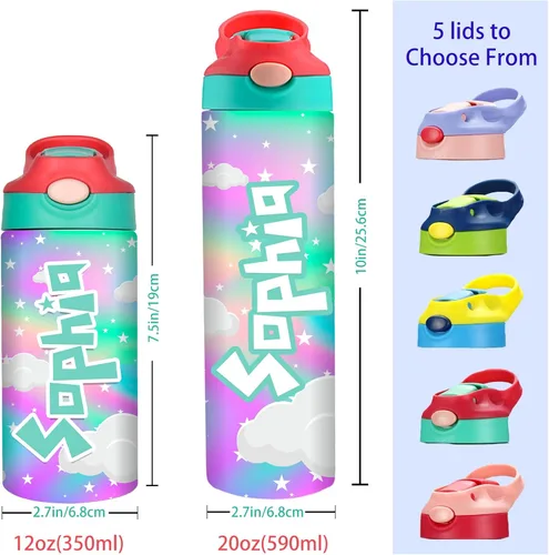 Vista 3 de Botella de agua personalizada para niños, niñas, niños, botellas de agua personalizadas de 12 onzas con nombre y tapa de pajilla, tazas de acero