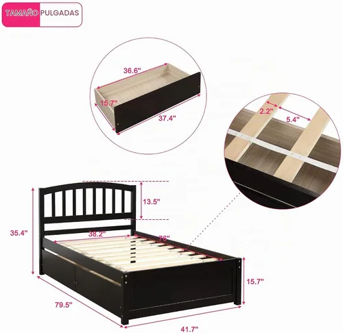 Vista 2 de Harper & Bright Designs Cama de plataforma de madera tamaño individual con cajones de almacenamiento para ahorrar espacio, marco de cama vintage
