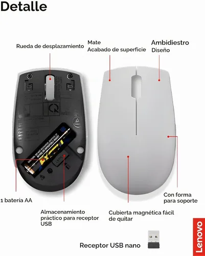 Vista 6 de Ratón inalámbrico Lenovo 300 – Ratón de computadora para PC, portátil con Windows – Diseño ambidiestro – Receptor Nano USB de 2.4 GHz – 12 meses