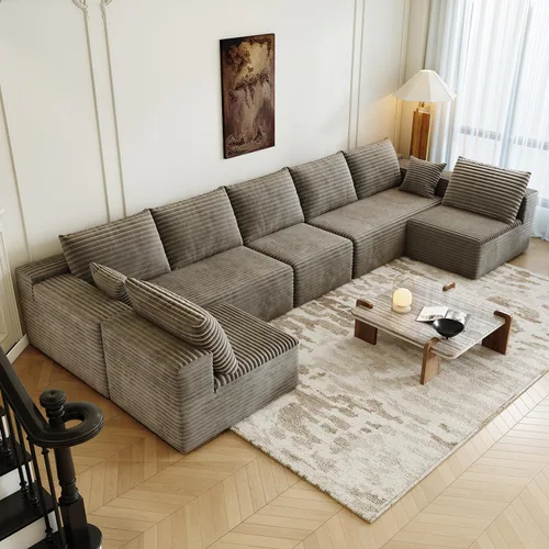 Vista 23 de Sofá modular modular de 139.4 pulgadas, sofás minimalistas en forma de L con diván de asiento medio, moderno sofá convertible de asiento profundo