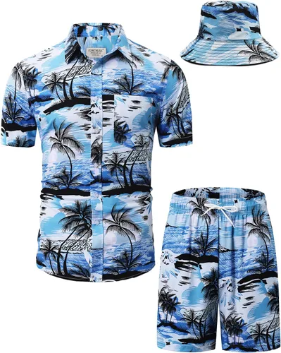 Vista 121 de TUNEVUSE Conjunto de camisas y pantalones cortos hawaianos para hombre, 2 piezas, trajes de playa con estampado de flores, traje tropical de verano