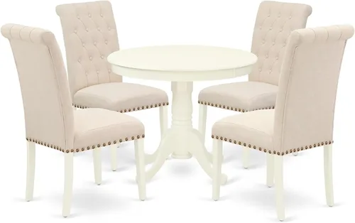 Vista 13 de East West Furniture ANBR3-LWH-02 Juego de mesa de comedor de 3 piezas contiene una mesa de comedor redonda con pedestal y 2 sillas tapizadas de tela