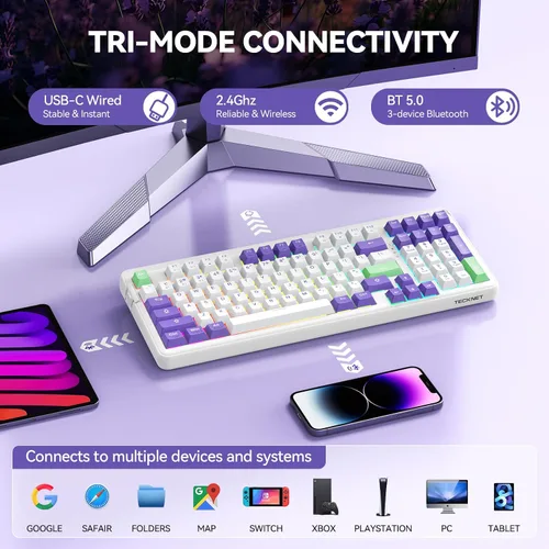 Vista 3 de TECKNET Teclado mecánico para juegos, intercambiable en caliente con interruptores de cielo, triple modo Bluetooth2.4GHzUSB-C, teclado cremoso