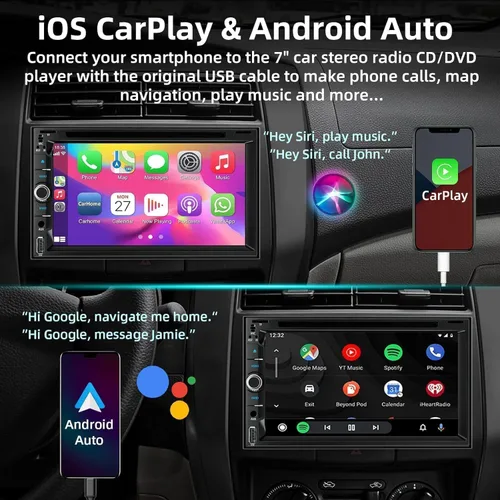 Vista 2 de Estéreo de coche doble DIN con reproductor de CD/DVD, pantalla táctil de 7 pulgadas, Bluetooth 5.2, CarPlay/Android Auto, cámara de respaldo