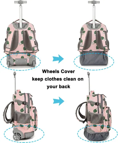 Vista 5 de Tilami Mochila con ruedas, mochila para laptop de 19 pulgadas con ruedas y lonchera, Cactus, 18 pulgadas