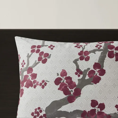 Vista 11 de N Natori Juego de funda de edredón de flor de cerezo, tamaño Queen, rojo, gris, juego de funda de edredón de flor de cerezo, 3 piezas, 100% algodón