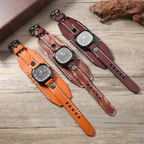 Vista 3 de MINILUJIA Relojes hechos a mano para hombre con cuerda de cera cosida, estilo vintage, punk, hip-hop, gótico, ancho, de cuero suave, reloj de hombre